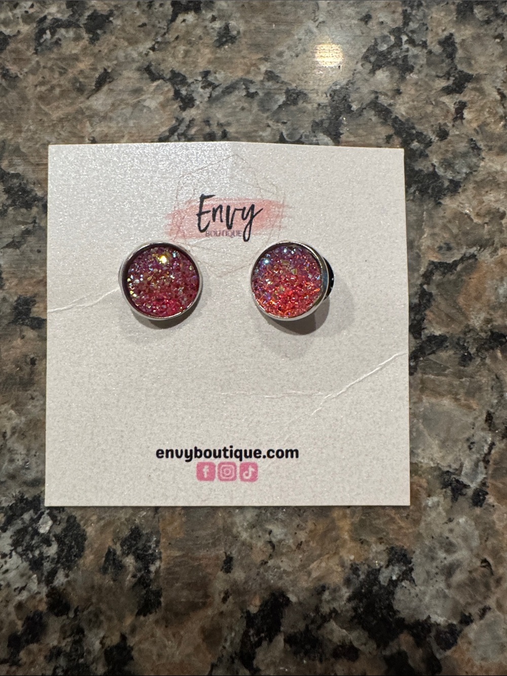 Brand New Envy Boutique Pink Iridescent Druzy Stud Earrings
